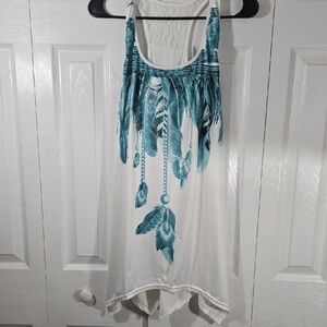 Chic White and Teal Feather Print Tank Top